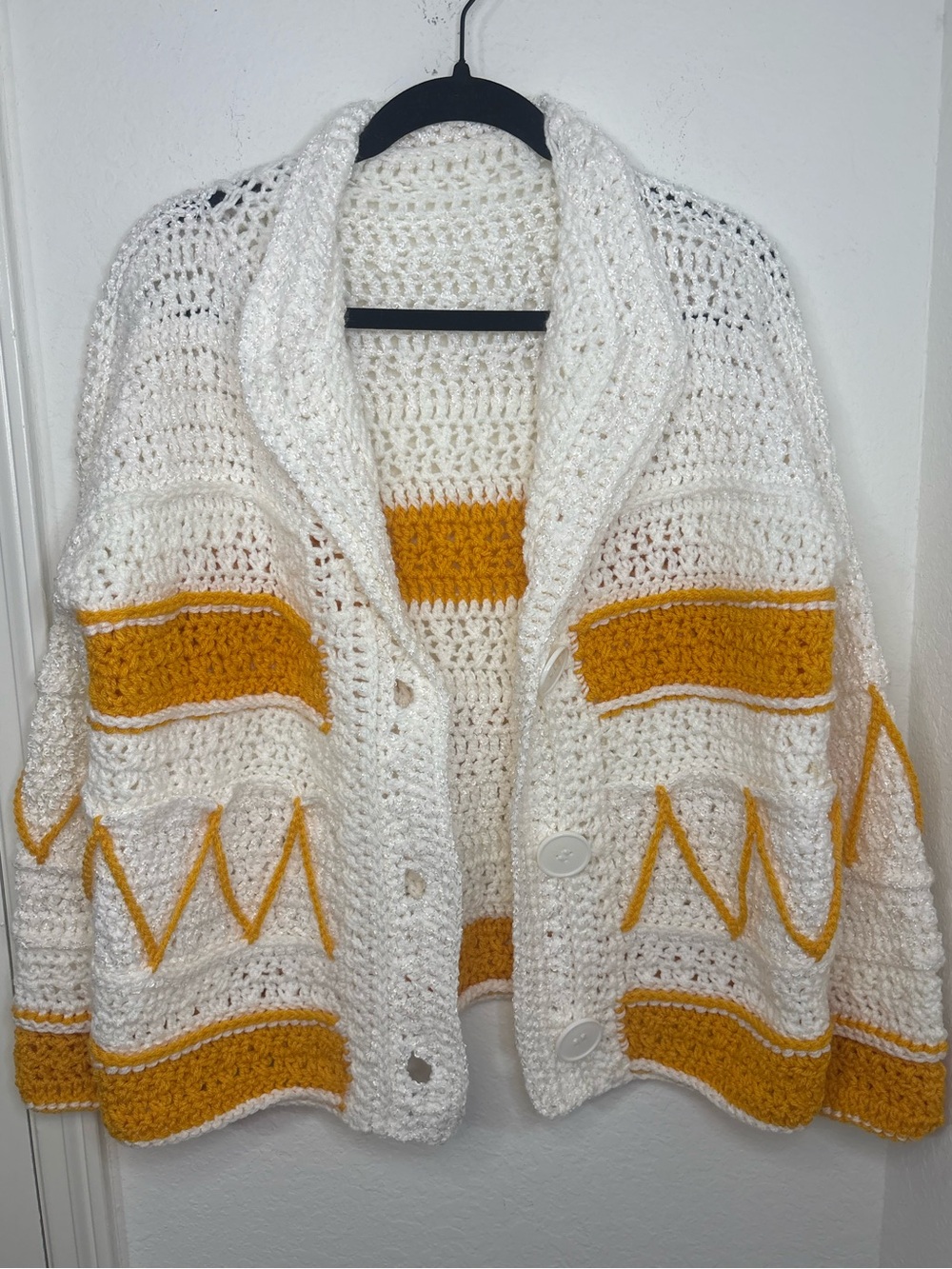 Handmade Knit Crochet Cardigan Sweater Mustard Yellow & Cream Boho - Picture 14 of 16